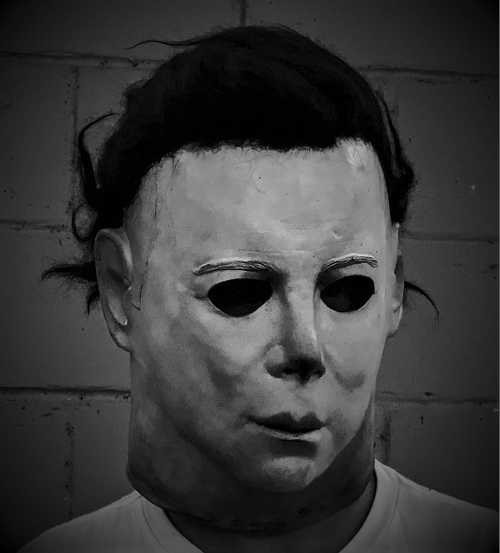 This is a black and white photo of a Halloween Michael Myers mask.